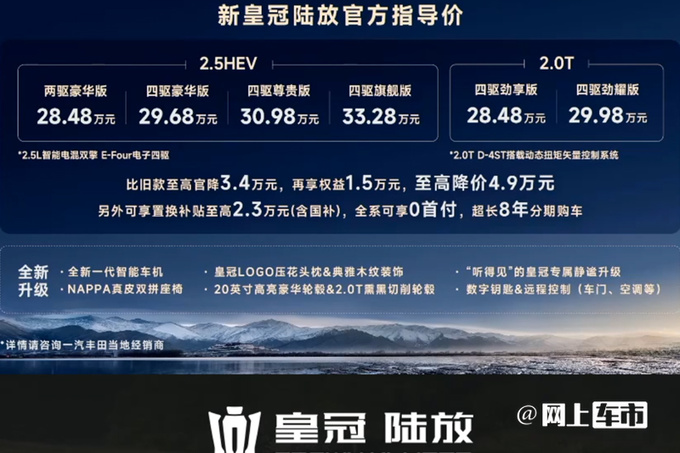 降4.9万<a href=https://www.qzqcw.com/z/fengtian/ target=_blank class=infotextkey>丰田</a>新<a href=https://www.qzqcw.com/z/fengtian/huangguan/ target=_blank class=infotextkey>皇冠</a>陆放售28.48-33.28万 内饰大升级-图1