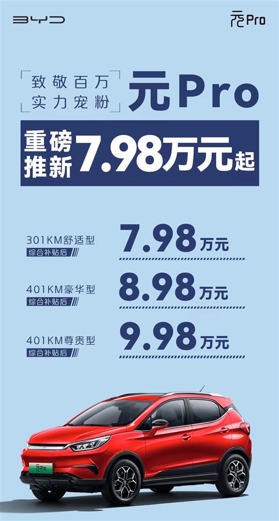 新款比亚迪元Pro上市 补贴后售7.98万元起